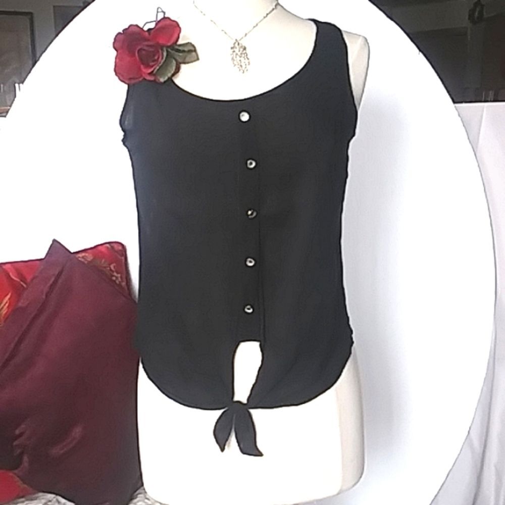 Sleeveless Blouse Top Silver Tone Buttons Tie Front Waist Black 90s Y2K M